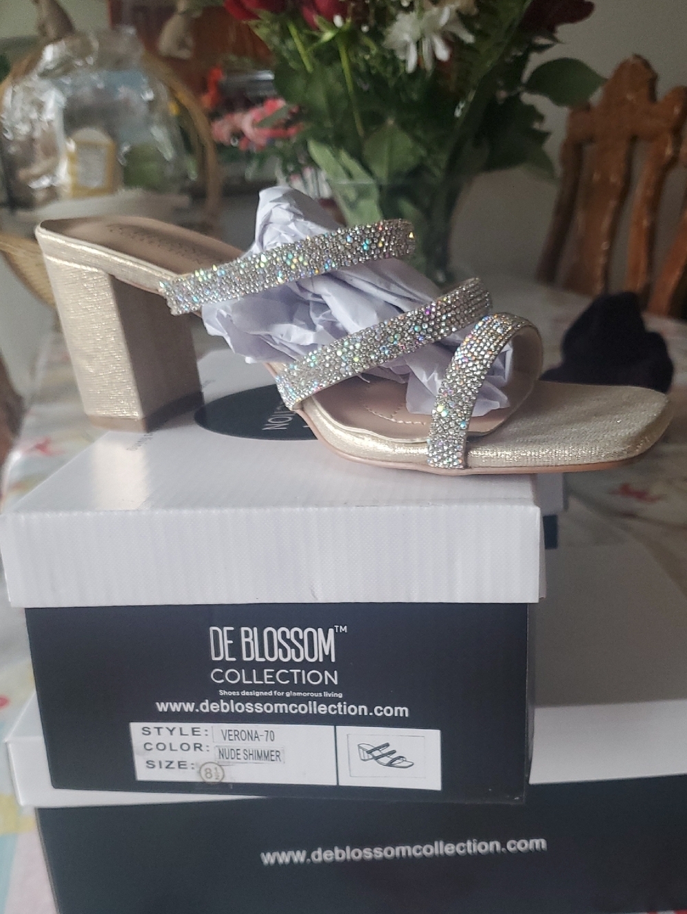 De Blossom Collection Nude Shimmer Rhinestone Block Heel Mule Size 8.5